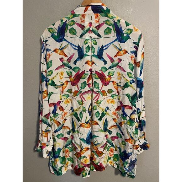 John Mark Shirt Womens Large White Hummingbird Floral Button Front Artsy - Picture 2 of 8